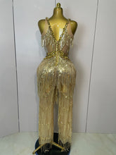 Shiny Gold Rhinestones Sequined Fringe Wide-leg jumpsuit 2025 Women Sexy Night Party Club Outfit Singer Stage Perform Costume
